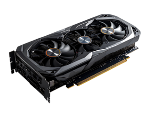 Sleek black graphics card with three axial fans, angular design, and gold connectors, angled on a black background