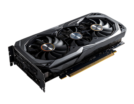 Sleek black graphics card with three axial fans, angular design, and gold connectors, angled on a black background