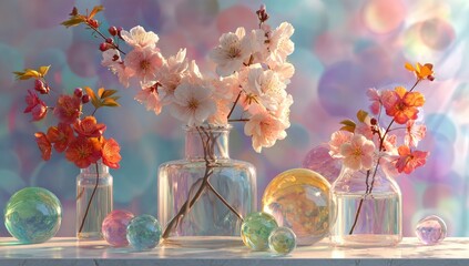 Floral still life with glass vases and orbs