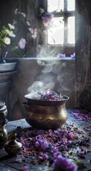 A rustic, brass cauldron sits on a wooden table, emitting steam and surrounded by scattered purple petals. Soft light streams from a window behind, illuminating floral arrangements