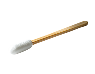 A wooden-handled swab with a large, fluffy, white cotton tip, angled slightly to the right against a black background