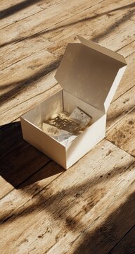 Open white box on light wooden floor, gold items inside