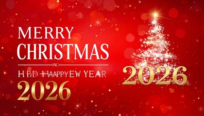 Christmas and New Year 2026 greeting with red background, bokeh lights, snowflakes, and glowing wave.