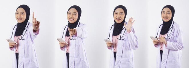 Set collection or collage of beautiful Asian muslim woman doctor with stethoscope holding mobile phone isolated on white background