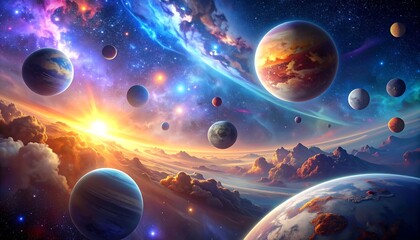 Colorful space landscape with planets