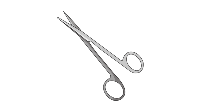 Illustration of surgical scissors with curved blades and finger loops.