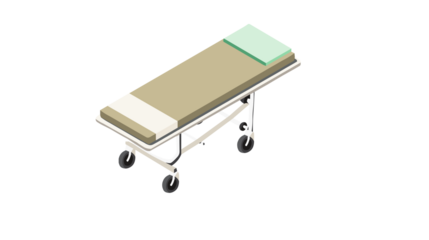 Isometric view of a hospital bed on wheels, with a light beige mattress and a light mint-green pillow.