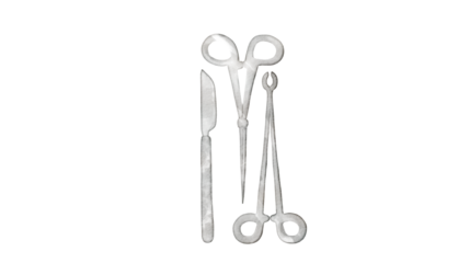 An illustration of surgical tools, including a scalpel, scissors, and forceps, isolated on white.