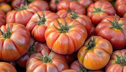 Close-up of many plump, colorful tomatoes