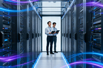 Two technicians inspecting server racks in a modern data center with illuminated pathways and digital effects