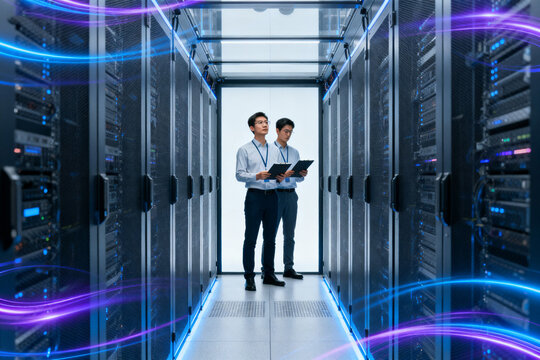 Two technicians inspecting server racks in a modern data center with illuminated pathways and digital effects - Powered by Adobe