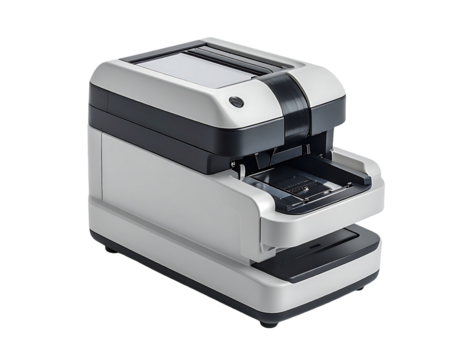 Sleek, compact, gray and white digital scanner with a small LCD screen and open tray, showing internal mechanisms