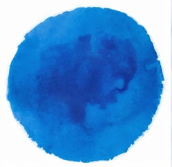 Blue circular watercolor ink stain with glossy texture featuring dark and light shades, frayed edges, on white background.