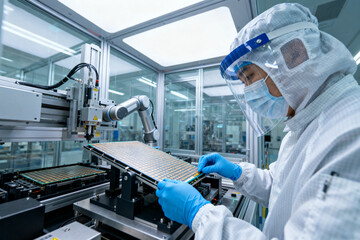 Technician working with semiconductor wafers in a cleanroom laboratory environment