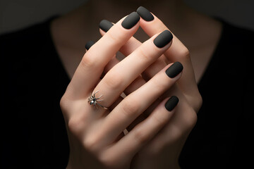 Black Halloween Nails with Spider Ring Accessory