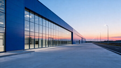 Modern industrial building with large glass facade at dusk