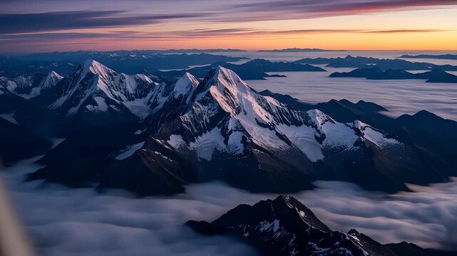 Aerial View of Snow Capped Mountain Peaks above the Cloudline at Sunset or Sunrise with Warm Tones