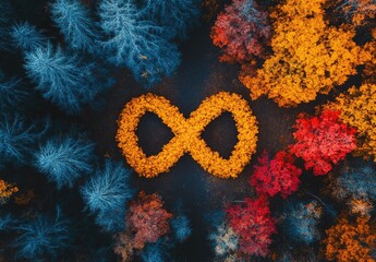Infinity symbol made of autumn leaves in forest