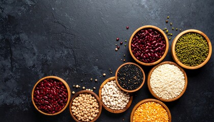 Assorted legumes in wooden bowls on dark stone