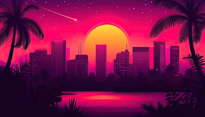 Retro cityscape sunset, vibrant colors