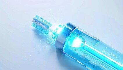 A close-up shot of a translucent blue oral irrigator, showcasing its brush head and water reservoir. Light glints off the smooth surfaces, highlighting its sleek design