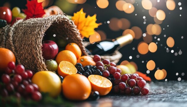 Thanksgiving cornucopia overflowing with autumn fruits - Powered by Adobe