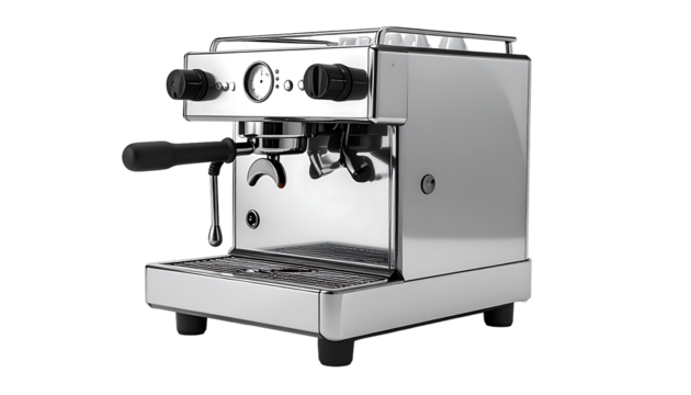 Sleek, stainless steel espresso machine with a single group head, two rotary knobs, and a black lever handle; sits on four small feet