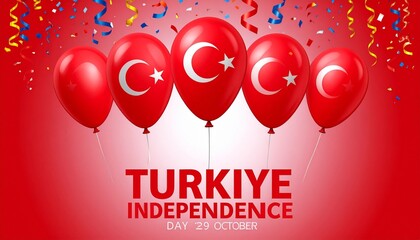 Turkish Republic Day celebration with red balloons, flag symbols, and colorful confetti.