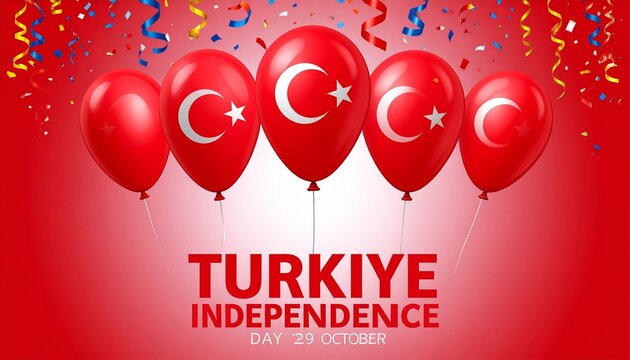 Turkish Republic Day celebration with red balloons, flag symbols, and colorful confetti. - Powered by Adobe