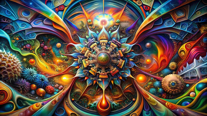 Vibrant abstract psychedelic art with colorful swirls, centered floral ornament, and cosmic orbs.