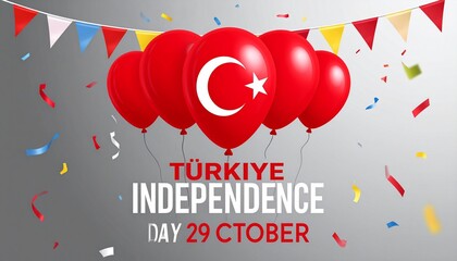 Turkish Republic Day celebration with red balloons, flag symbols, and colorful confetti.