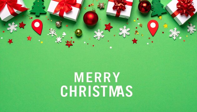 Christmas greeting design with green background, red gifts, ornaments, snowflakes, and bold white text. - Powered by Adobe