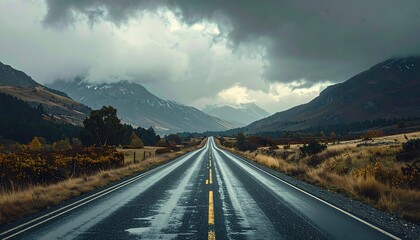 Empty road winding through mountains under a dramatic sky
