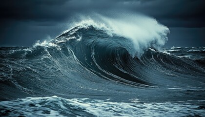 Dramatic ocean wave under stormy sky