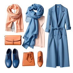 Stylish women's wardrobe, muted colors,  accessories.  Peach, teal, and light blue tones.  Elegant, simple, and practical.  Layering concept,  a complete outfit