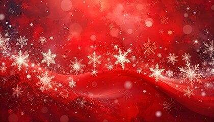 Red holiday background with glowing bokeh lights, white snowflakes, and glittery textures.