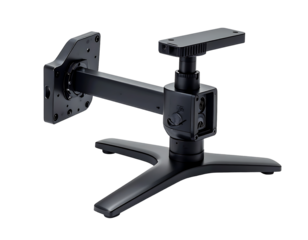 A sleek, dark-grey, adjustable monitor mount with a three-legged base and wall bracket, offering flexible positioning and sturdy support