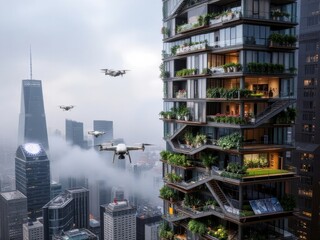 Obraz premium Modern skyscraper with balconies and drones flying in cityscape 