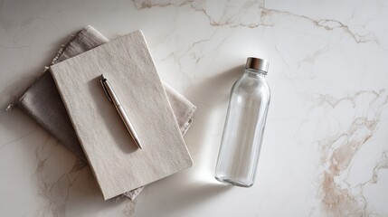 Minimalist Flat lay with Linen Notebook, Pen, and Glass Water Bottle on Marble Surface