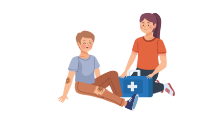 A person with injuries sits on the ground while another person provides first aid with a blue kit.