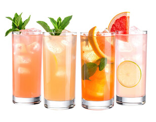 Four iced fruit cocktails, showcasing various citrus flavors