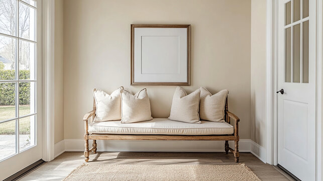 Naklejki Elegant bench with pillows and blank frame in a warm inviting entryway, perfect for showcasing art or creating a cozy reading nook in your home