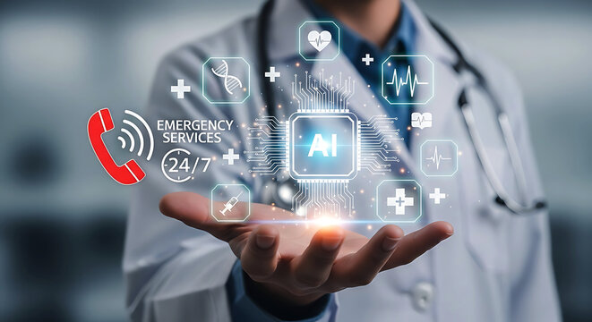 Doctor displaying AI technology and emergency medical services with digital interface in a modern healthcare setting for innovative solutions