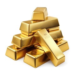 A digitally rendered pile of gleaming gold bars, meticulously stacked in an irregular pyramid shape against a stark white background, showcasing the richness and texture of the metal