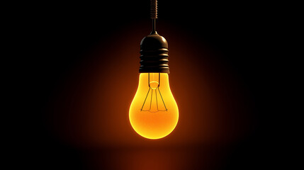 Glowing light bulb hanging in the dark, symbolizing innovation, bright ideas, creativity, and inspiration. 