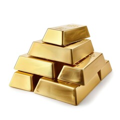 A pyramid of gleaming gold bars rests on a stark white background, showcasing their metallic sheen and reflective surfaces
