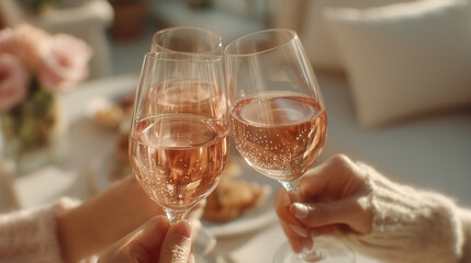 Close-up of people clinking glasses of sparkling rosé wine in a cozy, sunlit setting, symbolizing celebration, friendship, and special moments. 