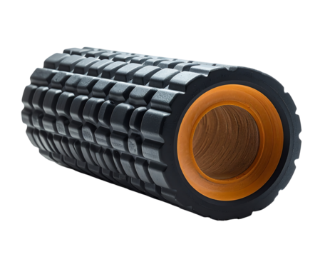 Black foam roller with textured surface, orange end caps, and a visible hollow core