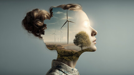 Double exposure portrait of a woman with wind turbines and nature landscape inside her silhouette, symbolizing renewable energy and harmony with the environment. 