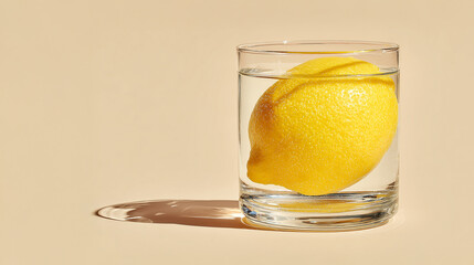 Minimalist composition of a whole lemon submerged in a glass of water, refreshing citrus concept on pastel background. 